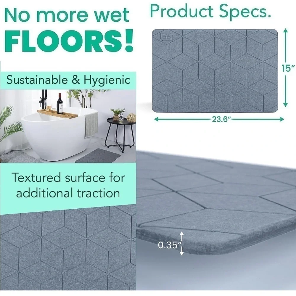 Brand New Stone Bath Mat Diatomaceous Earth Modern Sustainable Non-Slip Gray